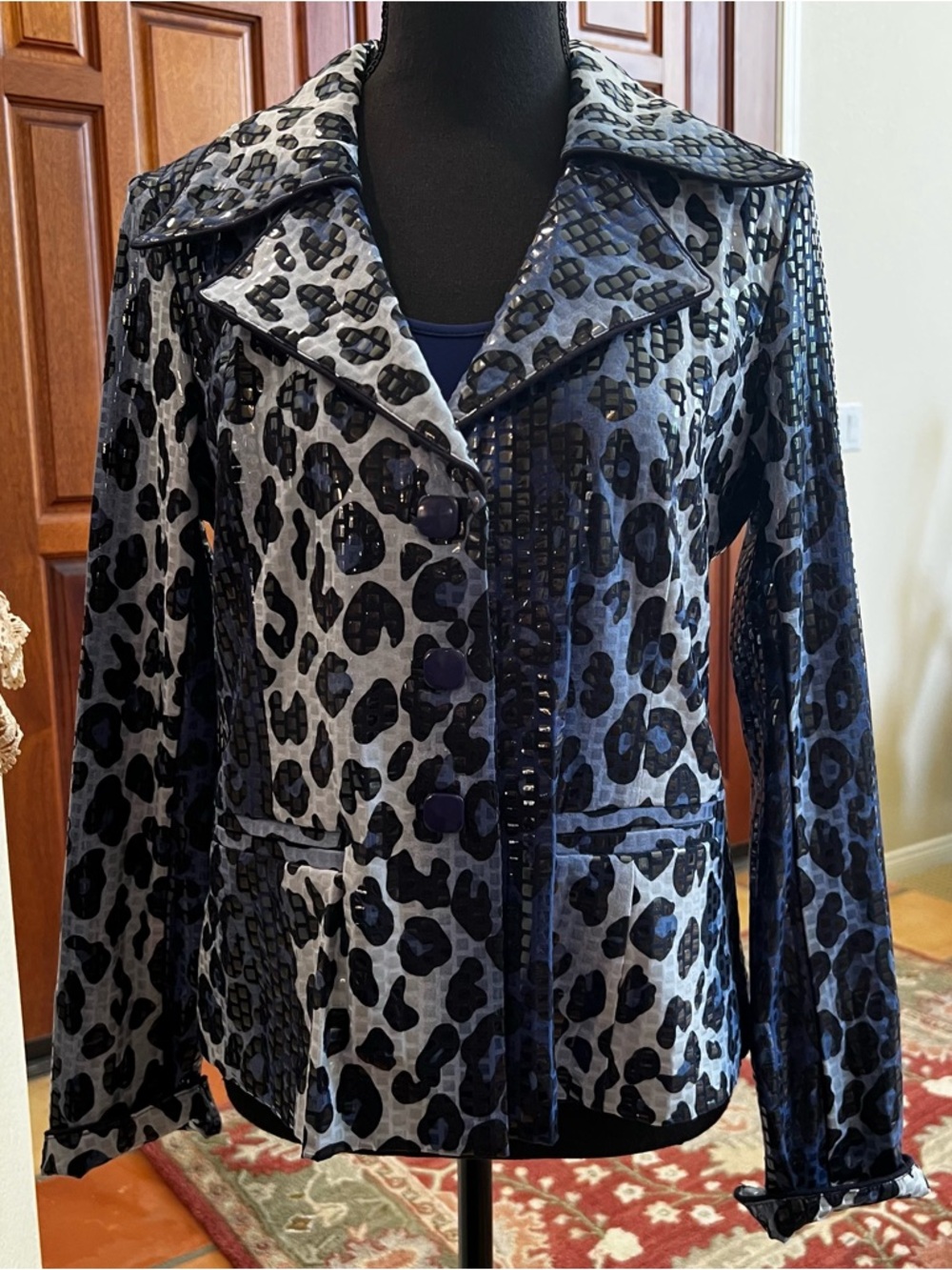 Clara Sun Woo Animal Print Sequin Blazer Jacket 2 Piece Set Blue Button Size M/S